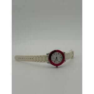 Ladies RELIC Silver Tone Pink Bezel Watch, White Silicone Strap Day/Date ZR15633